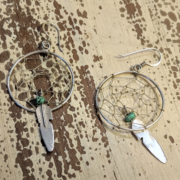 🦅 Vintage Dream Catcher Earrings Native American Sterling Silver Turquoise - Picture 4 of 5